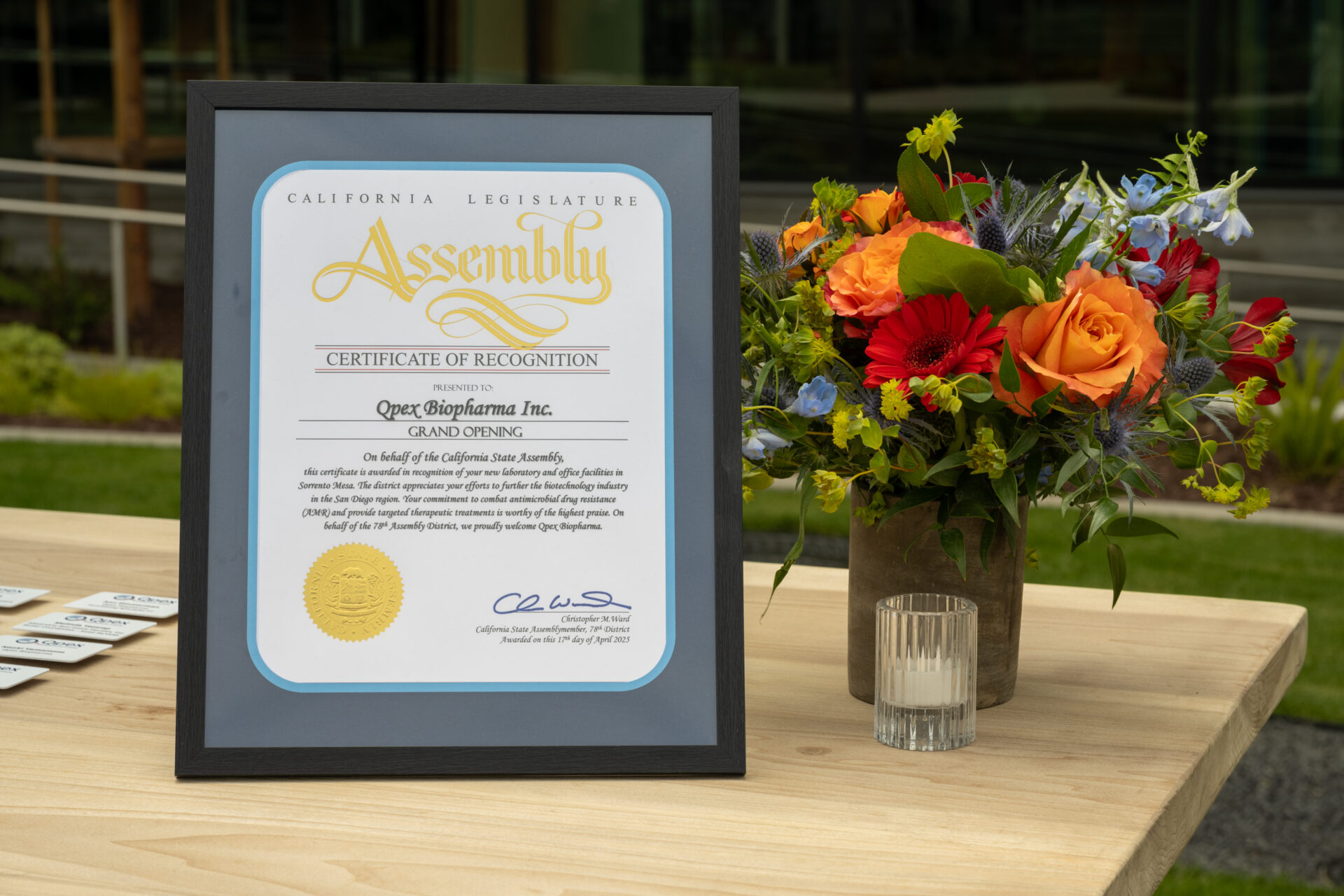 A certificate of recognition from the California State Assembly.